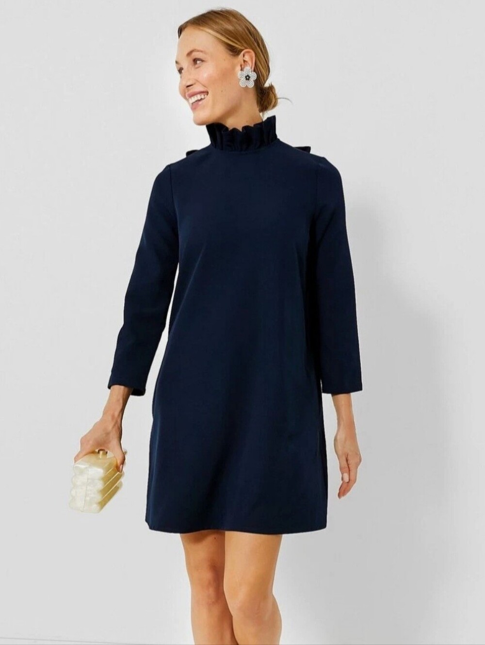 Tuckernuck Daphne Navy Ruffle Mock-Neck Shift Dress Size L